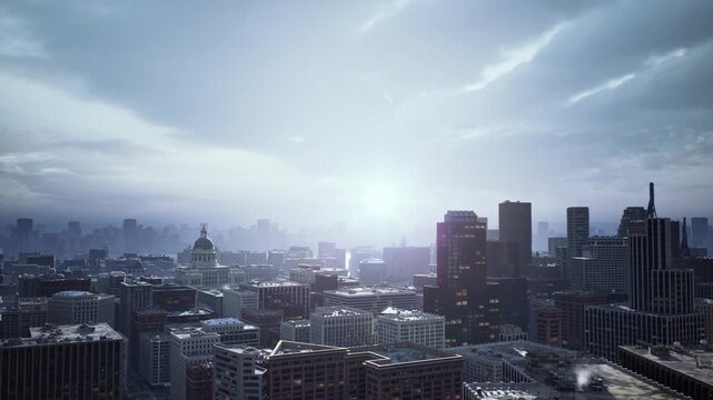 bright sunrise metropolis skyline with gleaming glass facades, reflective riverfront and busy bridge aerial panorama showing financial towers, transit