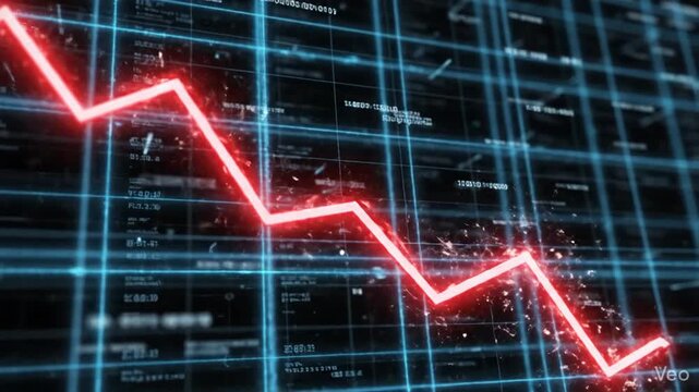 Animated glowing red line graph illustrating a rapid downward trend and financial market crash against a pulsing technological digital network background in high resolution 4K motion graphics.