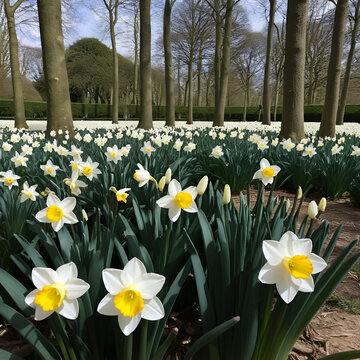 Narcisses blanches dans le parc de bagatelle au printemps, Bois de Boulogne, Paris