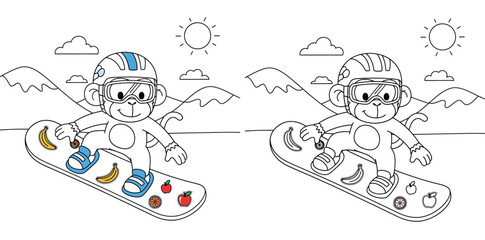 Cute monkey cartoon snowboarding on mountain vector illustration. Happy animal character wearing helmet riding snowboard with fruit stickers. Funny winter sport mascot for kids coloring book. © MstSangita