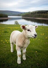 Fototapeta premium Spring Lamb by the Lake: Innocent Charm in Verdant Pasture.