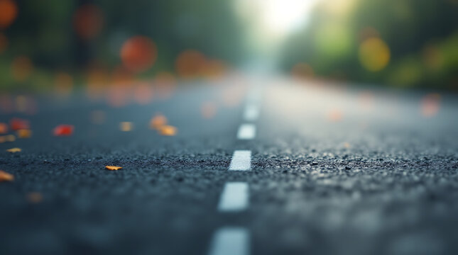 A close-up, low-angle view of an empty asphalt road with a white dashed line, lined by trees and scattered autumn leaves.