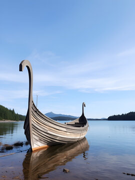 old wooden viking boat by the lake