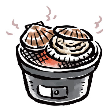 七輪で焼く帆立　筆タッチ手描きイラスト