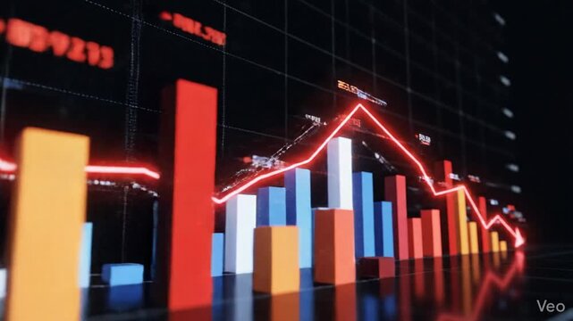 Dramatic abstract financial bar chart displaying a sharp red downtrend line graph depicting economic crisis on a dark black background, 4K high resolution stock footage animation.