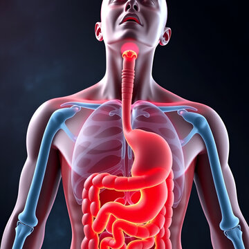 3D anatomy man suffering stomach diseases, infection, gastritis, stomach cancer, nausea, vomiting, bloating, cramps, diarrhea and pain from ton a dramatic background. Video a great for medical purpose