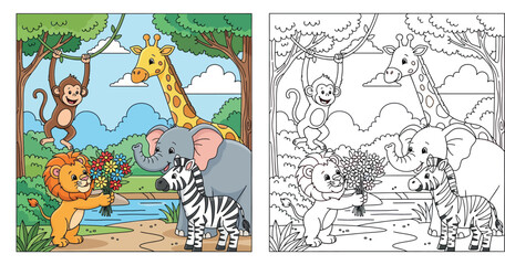Fototapeta premium Cute cartoon jungle animals group including lion holding flowers, monkey, giraffe, elephant and zebra, happy vector illustration in forest nature background for kids book.