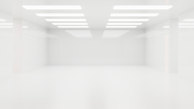 Futuristic empty white wall room with bright ceiling lights reflecting on polished floor of a building