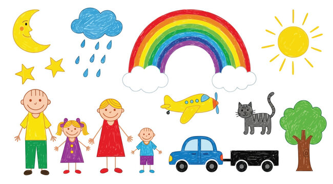 Colorful illustration of a happy family with kids and pets under a rainbow and sunny sky with a truck isolated on white background