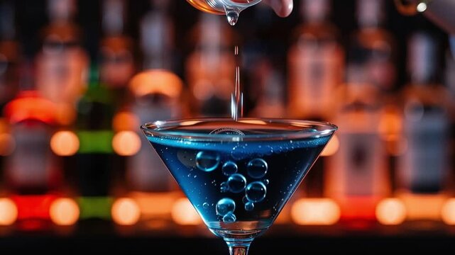 A bartender pouring a vibrant blue cocktail into a martini glass at a modern bar with bottles and lights in the background in a video