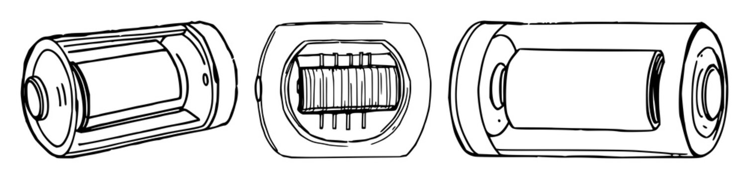 Lithium-ion cell set with hand-drawn scientific illustration of a cross-section featuring energy, tech, detail with white background and illustration