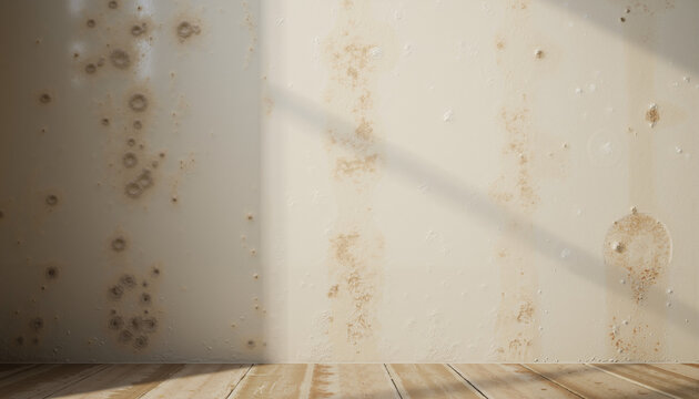 Dirty shower wall with visible soap deposits and wooden floor 