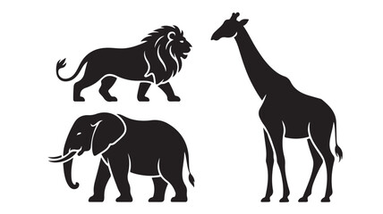 Fototapeta premium Black silhouettes of lion, elephant, and giraffe on white background for wildlife and animal concepts
