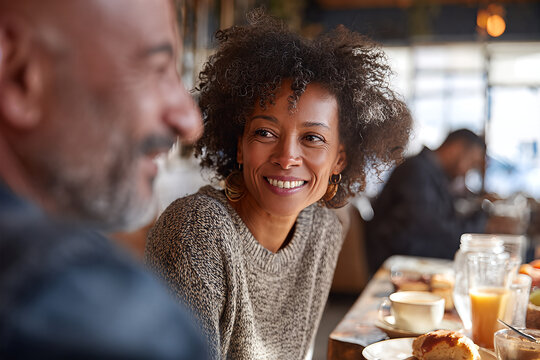 Smiling woman in cozy cafe sharing a warm morning conversation over coffee and pastries &mdash; candid lifestyle portrait of connection