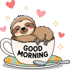 Fototapeta premium Cute Cartoon Sloth Sleeping in Coffee Cup with Good Morning Text Hearts and Stars for Greeting Cards and Social Media Posts