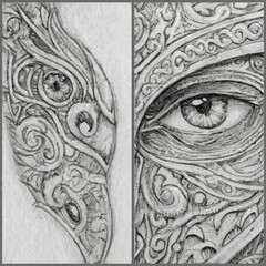 Fototapeta premium Intricate Graphite Art: Mysterious Eyes with Ornate Filigree and Tribal Patterns on Paper