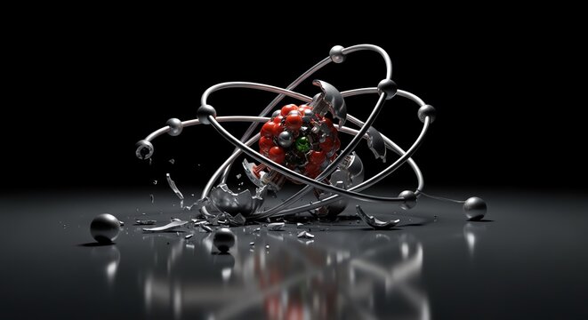 Abstract 3D Model of Atom with Electrons Orbiting Nucleus on Black Background.