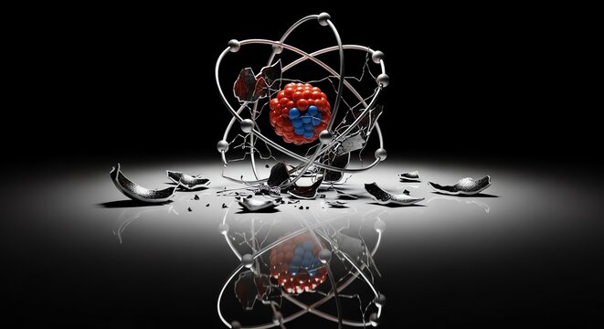 Abstract representation of a broken atomic structure with nucleus and orbiting electrons.