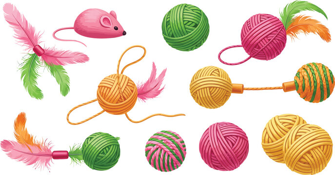 Colorful Cat Toys with Yarn Balls and Feather Teasers on White Background