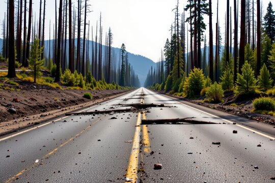 Long forest road lined with burned and green trees, scattered with debris, symbolizing resilience, recovery, and nature&rsquo;s renewal after destructive wildfire.