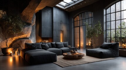 Fototapeta premium minimalist dark japandi bedroom featuring wood, stone, and soft textiles, warm lighting, tranquil and elegant aesthetic, cozy and serene interior design