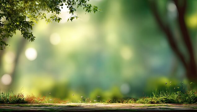 Sunlit Forest Floor with Lush Greenery and Bokeh Background.