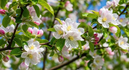 Obraz premium Close-up of delicate white and pink apple blossoms blooming on a tree branch against a soft blue sky on a sunny spring day.