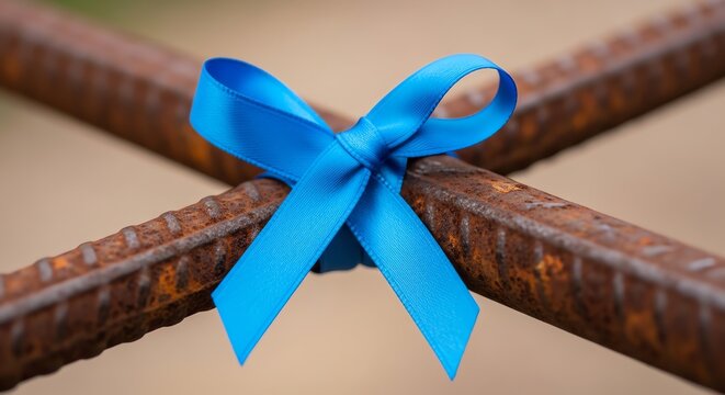 Blue Ribbon Tied on Rusty Metal Rebar Construction Material.