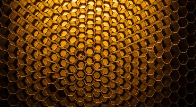 Closeup of a golden honeycomb structure with hexagonal cells illuminated by warm light.