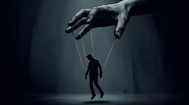 A giant hand controls a silhouetted man with puppet strings, depicting themes of manipulation and lack of freedom.