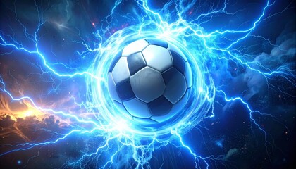 Fototapeta premium A white and black leather soccer ball sphere engulfed in orange flames isolated on a dark background for competitive sports activity