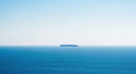 Fototapeta premium Large cargo container ship sailing on calm blue ocean. Horizon view of huge freight vessel transporting goods across sea. Concept of international logistics, global trade and shipping.