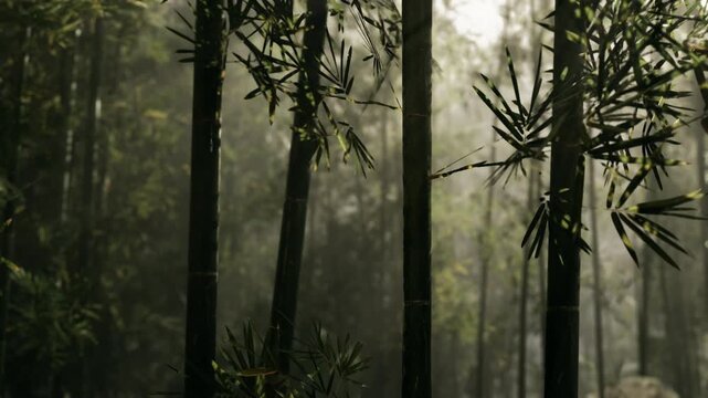 Sunlight filters gently through the bamboo stalks, illuminating a quiet forest. The leaves rustle softly in the serene atmosphere of early morning tranquility.