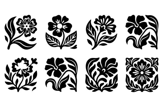 Decorative floral square vector icons set in black silhouette style