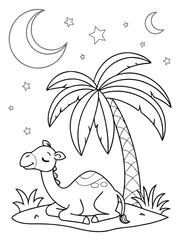 Naklejka premium A camel sitting under a palm tree at night