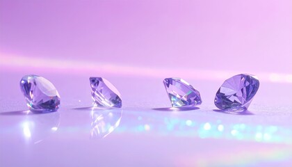 Fototapeta premium A shiny round diamond gemstone and purple amethyst crystal jewel isolated on a white and blue background as a luxury transparent glass object for precious fashion jewelry decoration and gift