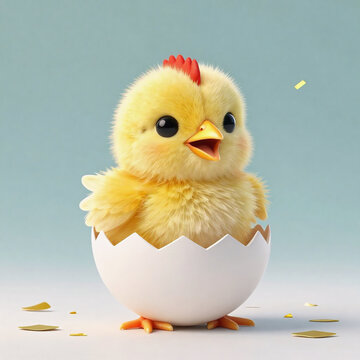 Baby Chicken Coming Out From Egg shell Isolated on White background