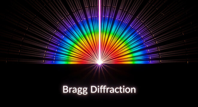 Bragg diffraction phenomenon with rainbow colored light beams spreading out from a central point through parallel slits on a circular pattern