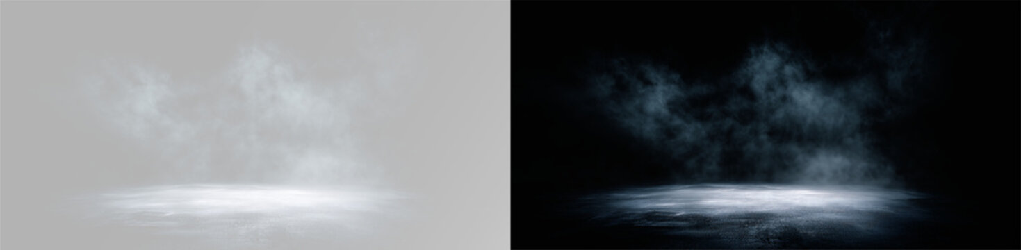 Atmospheric white smoke and mystical fog over empty stage for product presentation background or mysterious cinematic scene