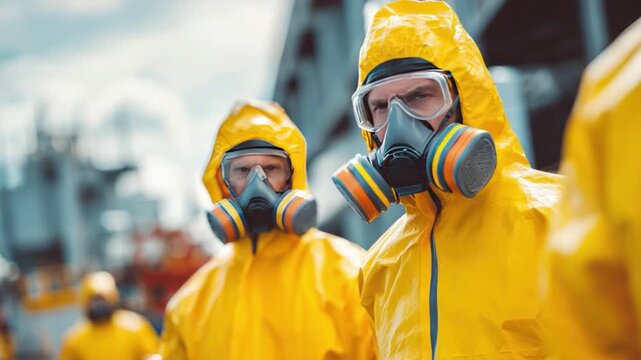 Hazardous Zone: An imposing figure in a protective suit and respirator, prepared to confront the unknown dangers of a toxic environment. Focus on individuals.