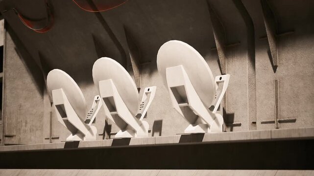 Three large satellite dishes are positioned inside a contemporary communication center.