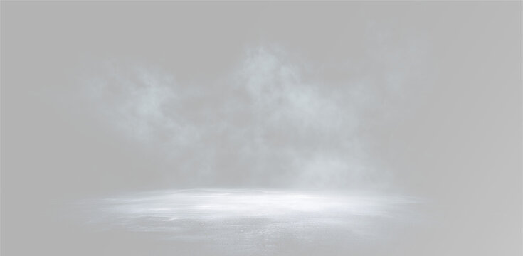 Atmospheric white smoke and mystical fog over empty stage for product presentation background or mysterious cinematic scene 