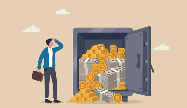 Alternative financial assets, crypto currency bitcoin, cash gold investment retirement plan concept, businessman investor to standing security safe full cash, gold bitcoin inside