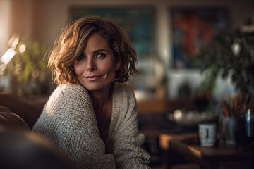Obraz premium Cozy at Home: Warm, natural portrait of a confident middle-aged woman in a chunky knit sweater, relaxed on a sofa in a sunlit, plant-filled living room.