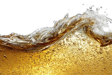 Splash of golden liquid with bubbles and foam in dynamic movement and bright light
