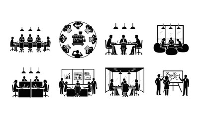Fototapeta premium Set of Business Meeting and Teamwork Vector Icons. People Collaborating, Discussing, and Presenting in Office Settings.