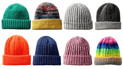 Variety of knitted hats displayed in various colors and patterns on a plain background