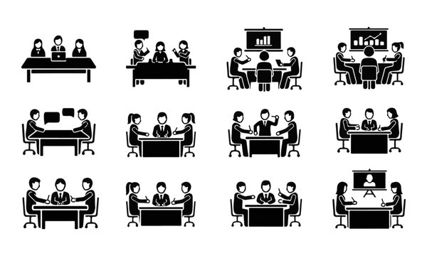 Set of Business Meeting Icons, Conference, Interview, and Online Presentation Vector Illustration