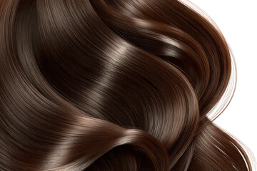 Long brown hair flowing in soft waves with shiny texture under bright light in a neutral background