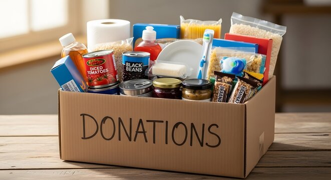 A cardboard box filled with various food items and essentials for donation.